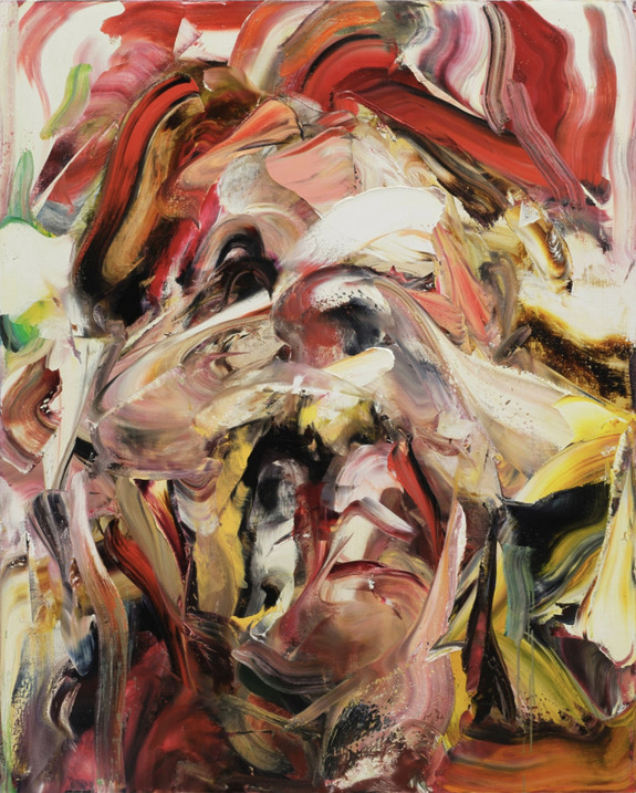 Abstract painting with bold, swirling colors of red, yellow, and white, creating dynamic, expressive forms and textures.