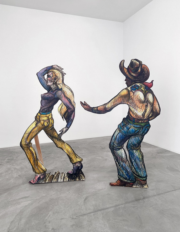 Artistic cutouts of two colorful figures dancing in an empty gallery space.