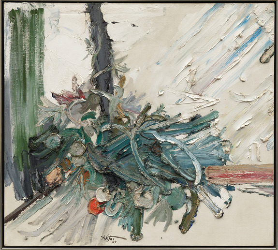 Abstract painting with bold brushstrokes, featuring green and white tones and dynamic, chaotic movement throughout the canvas.