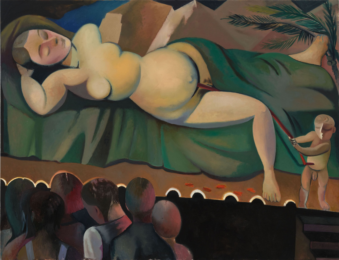Reclining figure on green fabric with child pulling string, observed by a crowd. Abstract, colorful painting style.