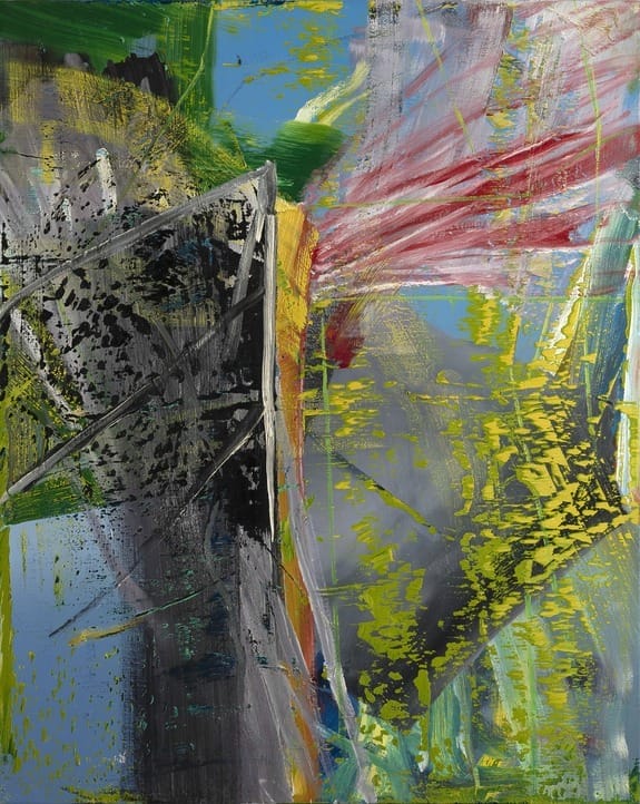 Abstract painting with bold strokes of green, yellow, red, and blue, creating a dynamic and vibrant visual experience.