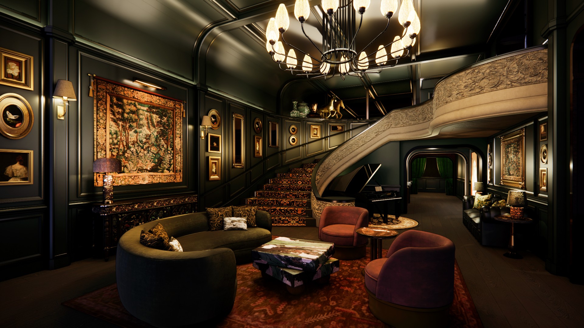 Luxurious living room with elegant staircase, chandelier, dark walls, piano, and ornate decorations.
