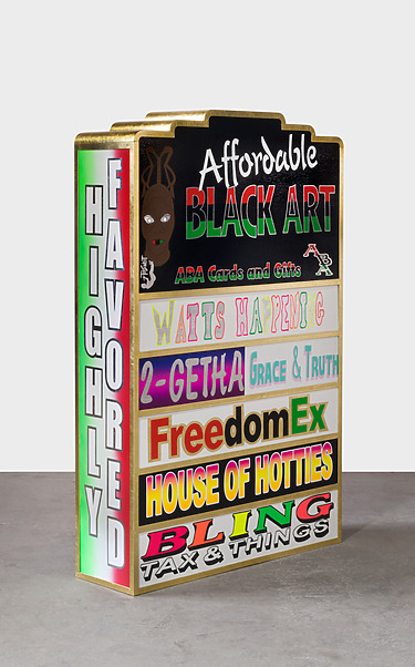 Colorful art piece featuring various phrases and text, including Affordable Black Art and Highly Flavorful.