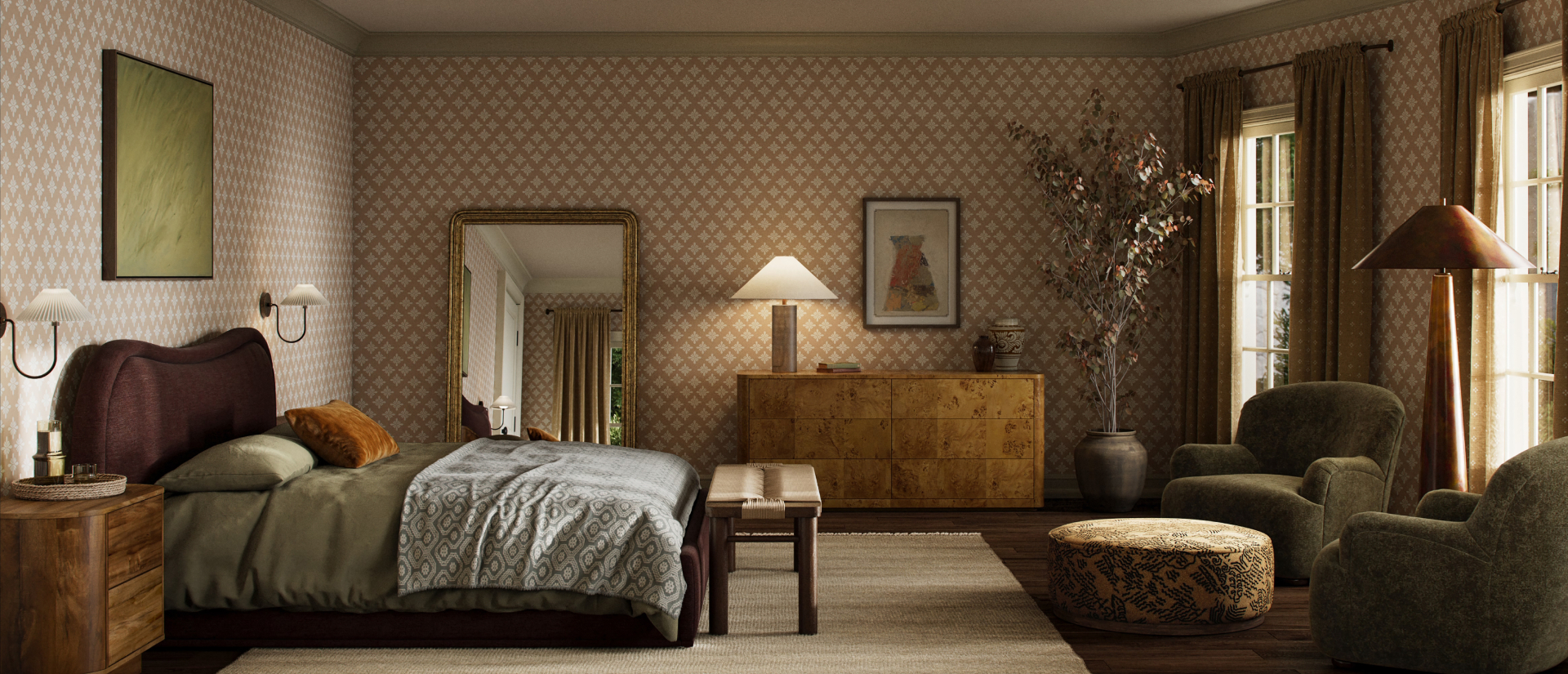 Cozy bedroom with patterned wallpaper, bed, dresser, mirror, and seating area with plants and large windows.