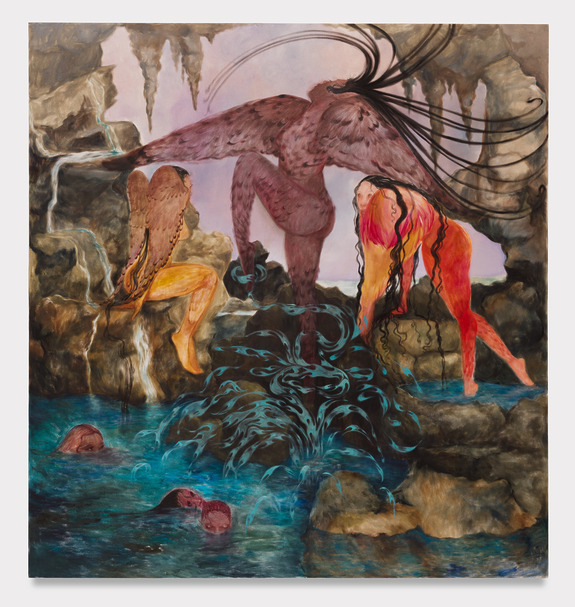 Surreal painting of mythical creatures in a cave with flowing water and rocks, featuring vibrant colors and dynamic forms.