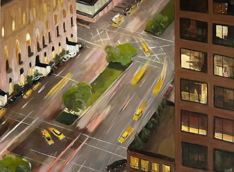 Painting of a busy city intersection with yellow taxis, buildings, and trees viewed from above during the day.