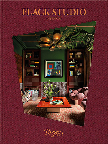 Book cover of "Flack Studio Interiors" featuring a stylish modern living room with green walls and eclectic decor.