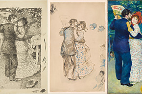 Three images of a couple dancing, each showing different stages of an artistic sketch and painting process.