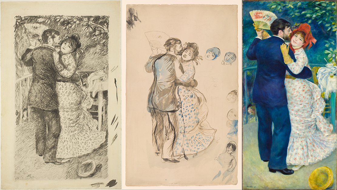 Three images of a couple dancing, each showing different stages of an artistic sketch and painting process.