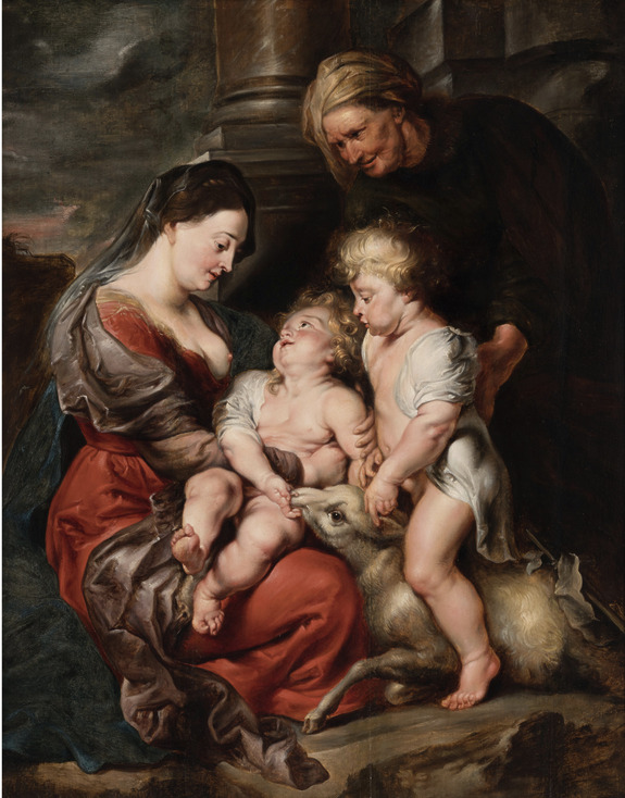 Renaissance painting of a woman with two children and an older woman, with a lamb at their feet, set in a classical interior.