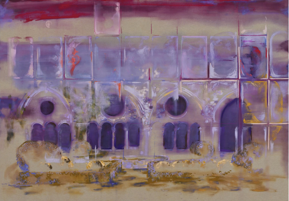 Abstract painting of a purple and pink architectural scene with arched windows and blurred foreground elements.