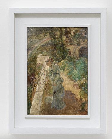 Painting of two figures in a garden with lush greenery, framed in white.