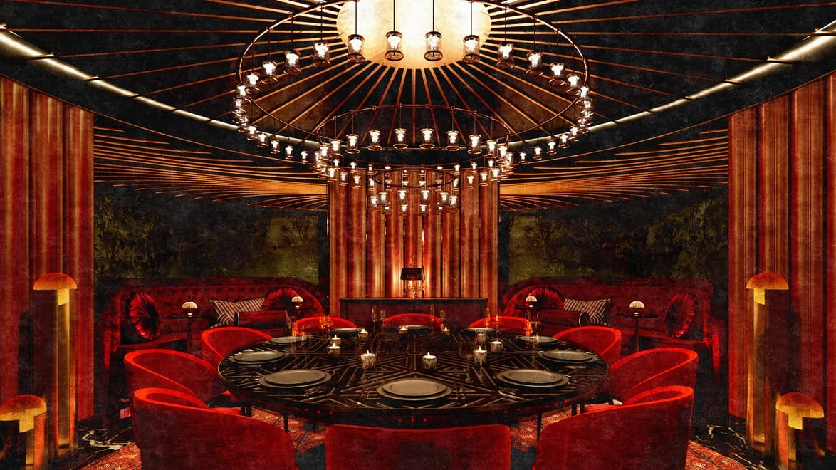 Luxurious restaurant interior with red velvet chairs, elegant chandelier, and dim lighting creating an intimate atmosphere.