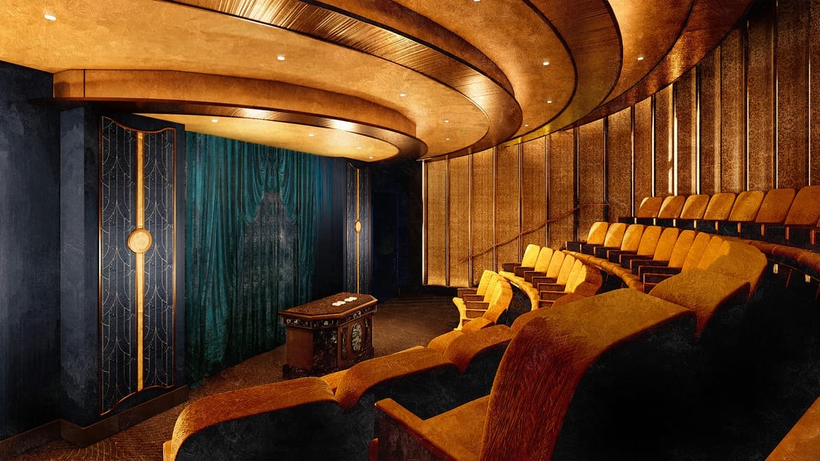 Luxurious private home theater with plush seats, ornate wooden panels, and rich blue curtains, creating an opulent viewing space.