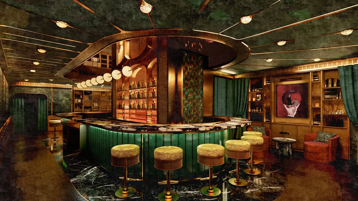 Vintage-style cocktail bar with green velvet stools, marble countertop, and warm ambient lighting.