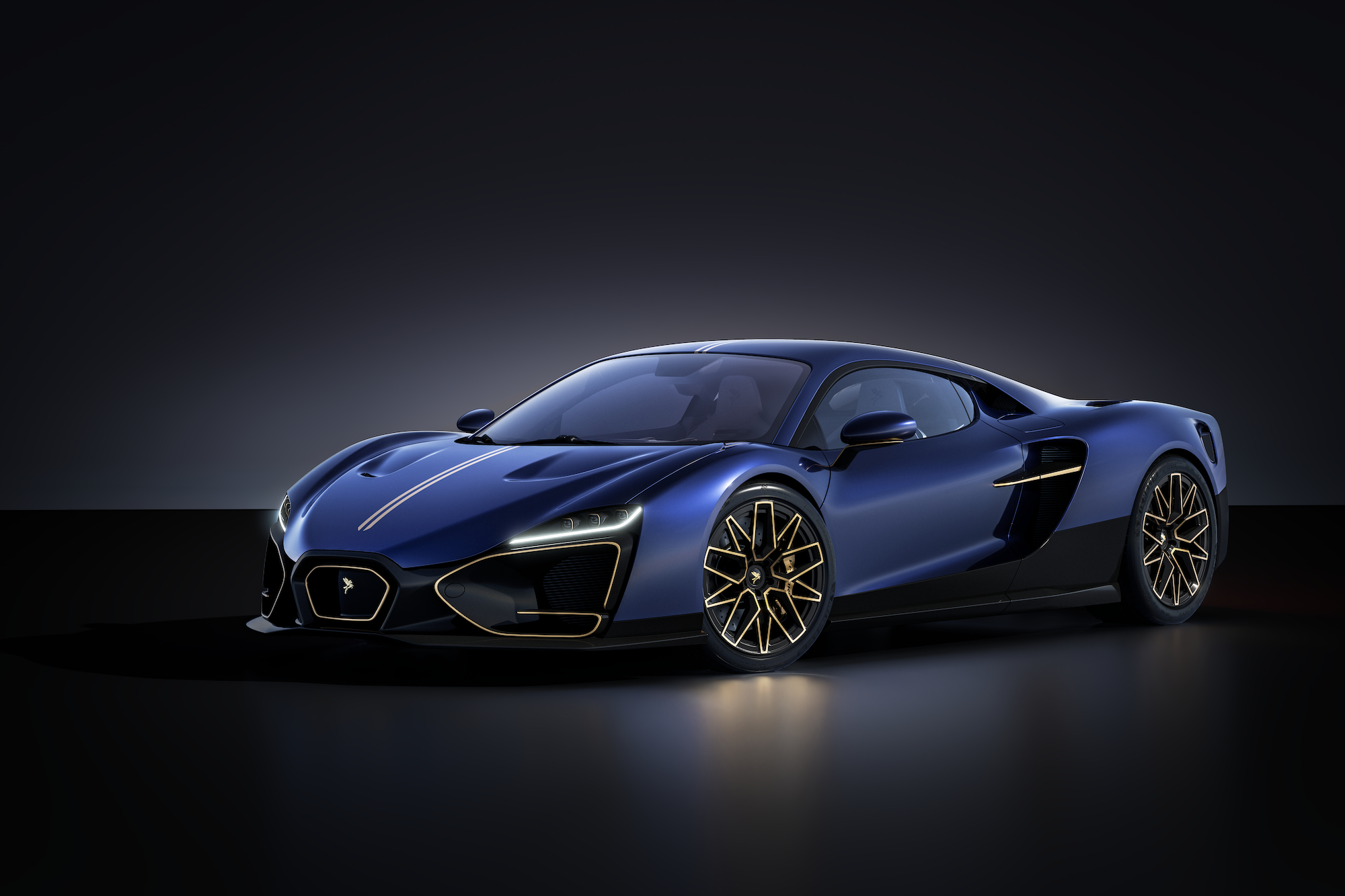 sleek blue sports car with gold rims on a dark background