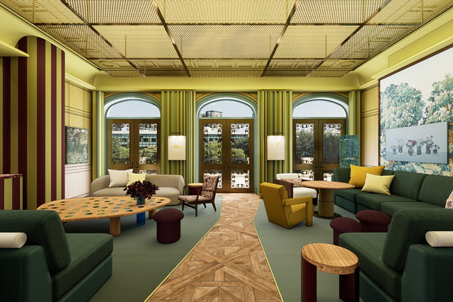 Colorful modern room with patterned furniture, large windows, and a blend of green and yellow accents.