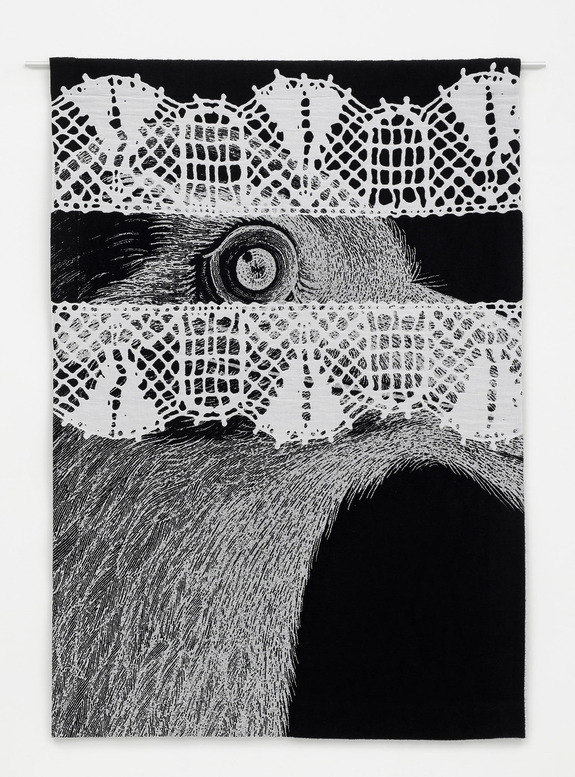 Artwork of a bird's eye and beak with black and white lace pattern overlay on a textile background