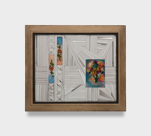 Framed abstract artwork with geometric patterns, floral elements, and vibrant colors on a textured background.