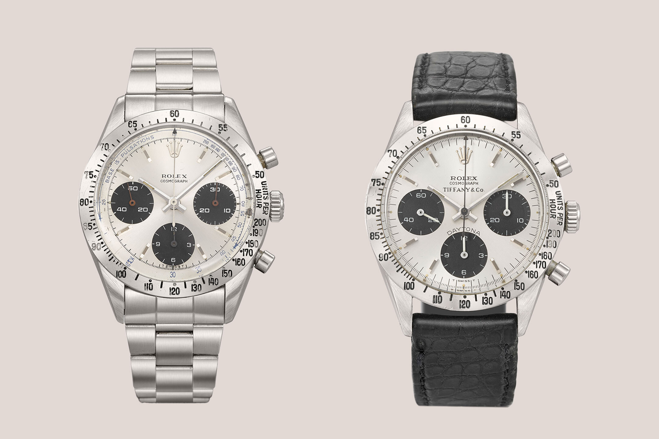 Two luxury wristwatches with chronograph dials, one with a metal band and one with a black leather strap.