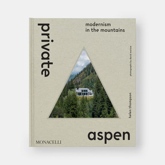 Book cover of "Private Aspen" with a triangular window revealing a modern house in a mountainous, forested area.