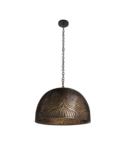 Vintage-style hanging pendant light with a bronze finish and textured dome-shaped shade suspended by a chain.