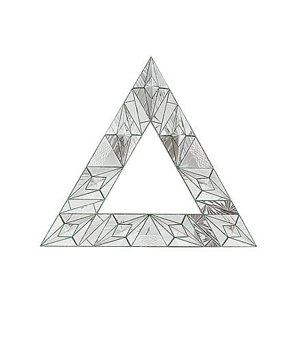 Geometric triangular mirror with segmented glass panels reflecting light intricately.