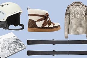 Ski helmet, winter boots, patterned sweater, skis, and a ski resort map on a light blue background.