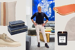 Home decor collage with pillows, boxes, boots, a tray, candle, and a man standing in a modern living room.