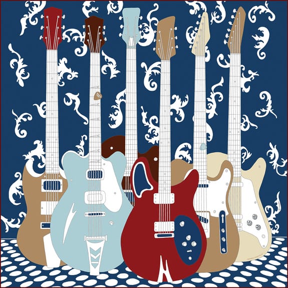 Illustration of six colorful electric guitars arranged against a decorative patterned background.
