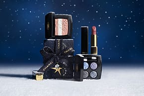 Cosmetic products displayed with a winter theme, including blush, lipstick, and eyeshadow against a snowy background.