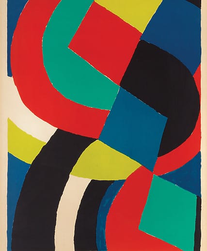 Abstract artwork with overlapping colorful geometric shapes in red, blue, green, and black on a beige background.