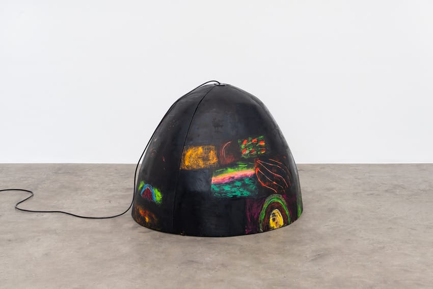 artwork by Tadáskía, il paint and spray on wood, transparent liquid and red LED light