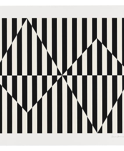 Abstract geometric artwork with black and white vertical stripes forming two interlocking diamond shapes on a white background.