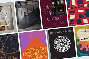 A collection of colorful interior design book covers displayed in two rows against a light blue background.