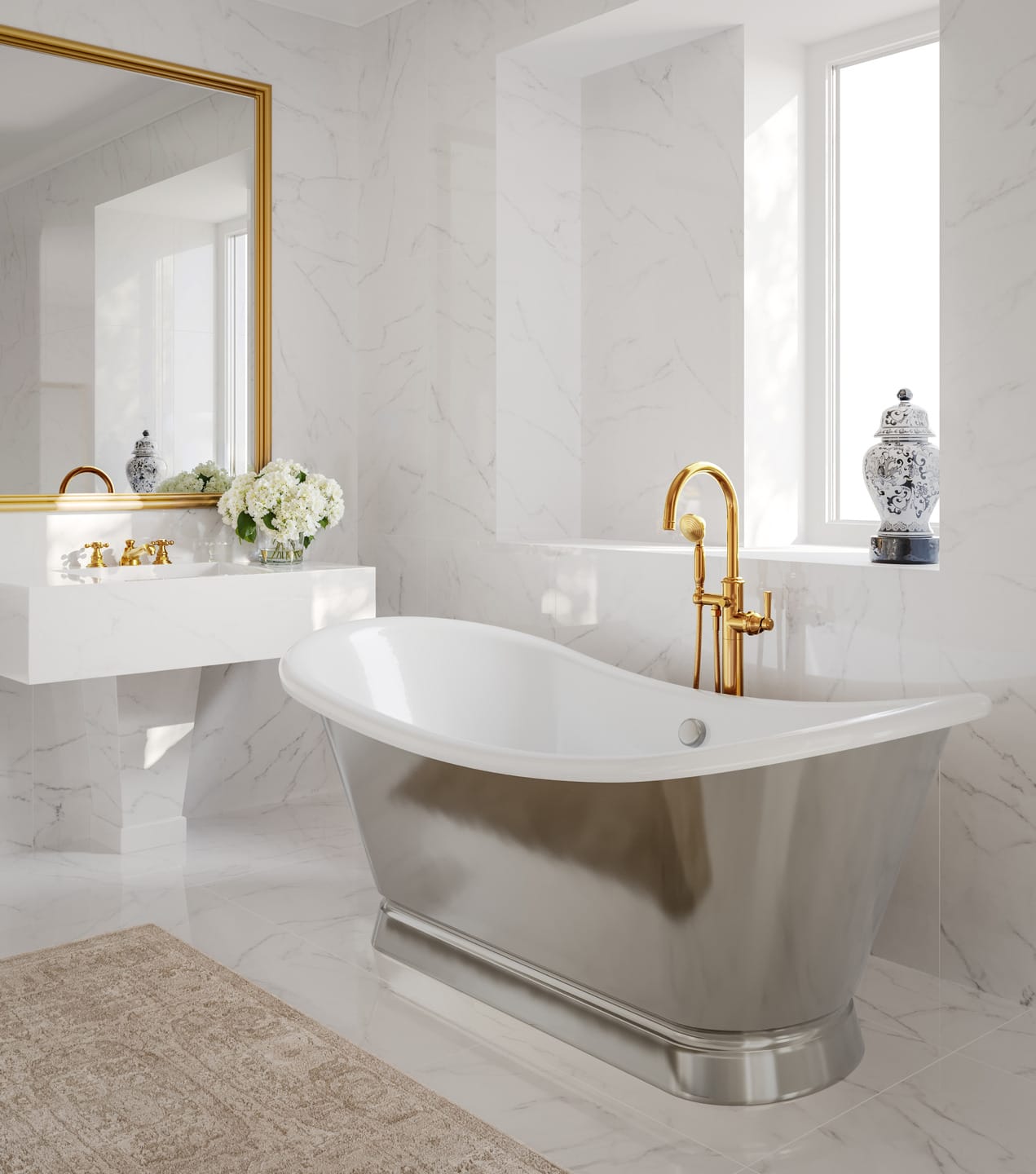 Elegant bathroom with a freestanding silver bathtub, gold fixtures, and a large mirror above a white sink.