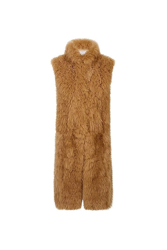 Brown faux fur sleeveless vest on a white background.