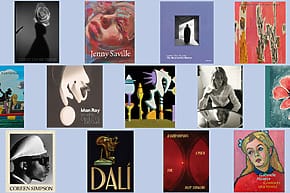 Collage of various art pieces and book covers with abstract and portrait themes.