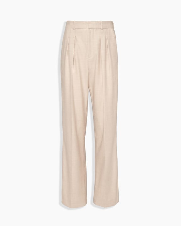 Beige pleated trousers with high waist and straight leg design.