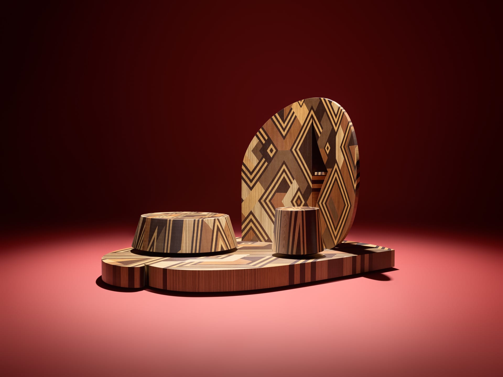 Geometric wooden display stand with circular and oval shapes on a solid red background