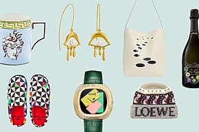 Collection of diverse fashion accessories including a mug, earrings, bag, champagne, slippers, watch, and beanie.