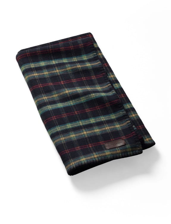 Plaid patterned wool scarf folded neatly on a white background.