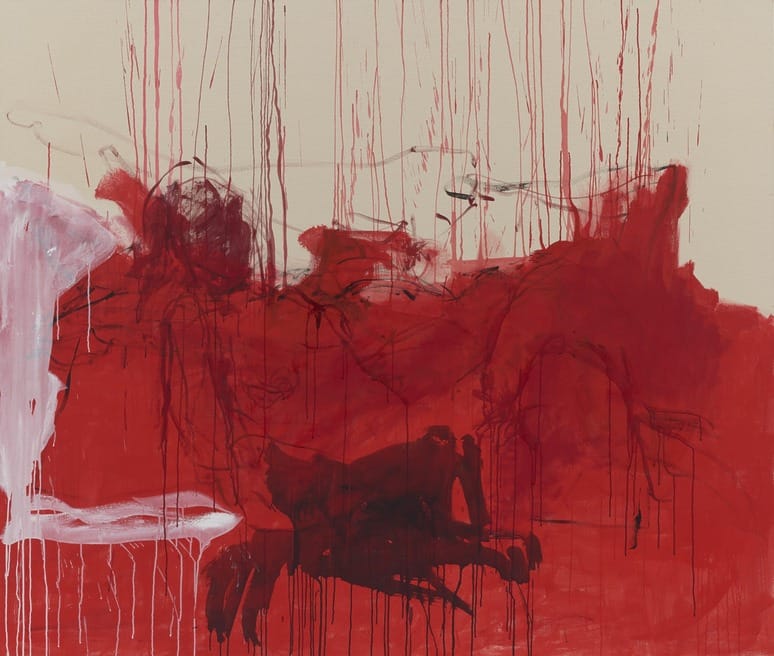 Abstract painting with bold red and black brushstrokes on a beige canvas, featuring drips and dynamic movement.