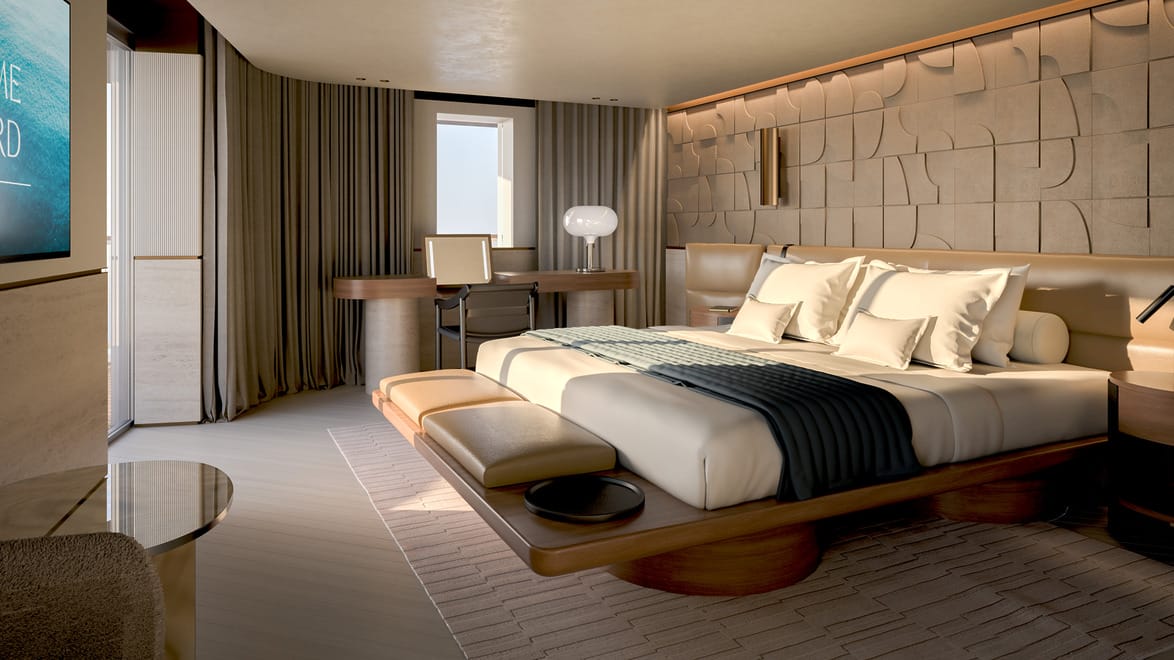 Modern hotel room with large bed, stylish decor, wooden desk, and soft lighting.