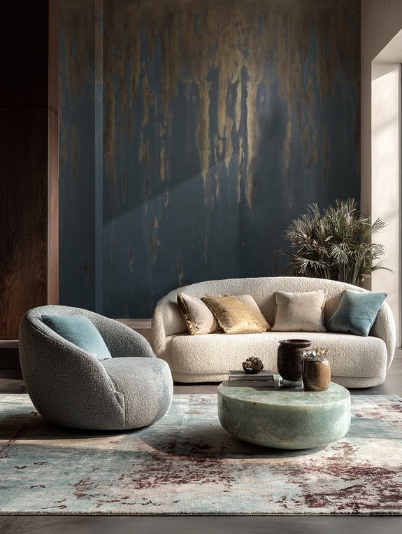 Modern living room with a textured sofa, round armchair, artistic wall, and coffee table, accented by plants and pillows.