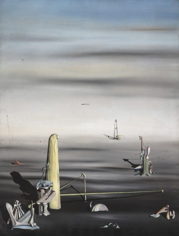 Surreal landscape with abstract shapes and distorted figures against a cloudy sky, inspired by dreams or fantasy.