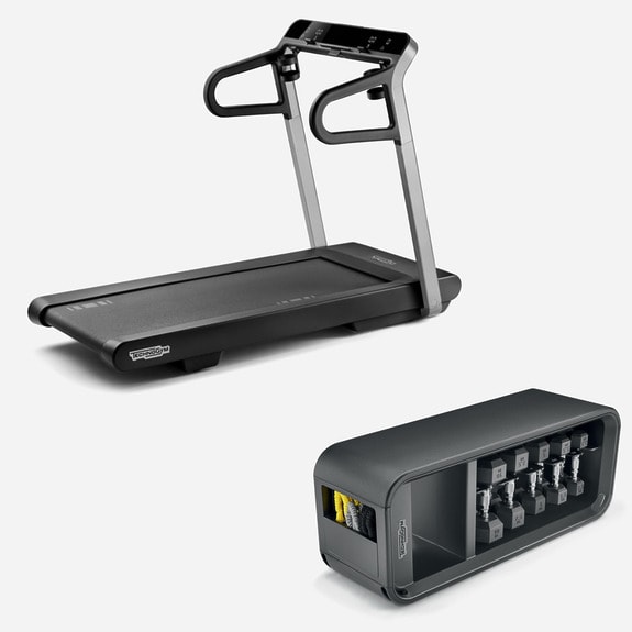 Black treadmill and fitness console on a white background, featuring a sleek design and modern functionality.