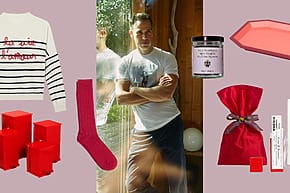 Collage featuring clothing, red boxes, socks, a man by a window, a candle, red gift bag, and a decorative tray.