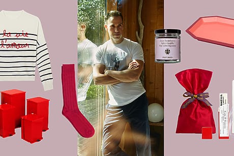 Collage featuring clothing, red boxes, socks, a man by a window, a candle, red gift bag, and a decorative tray.