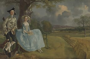 A couple in 18th-century attire sit under a tree with a dog, overlooking a countryside landscape with rolling hills and wheat fields.